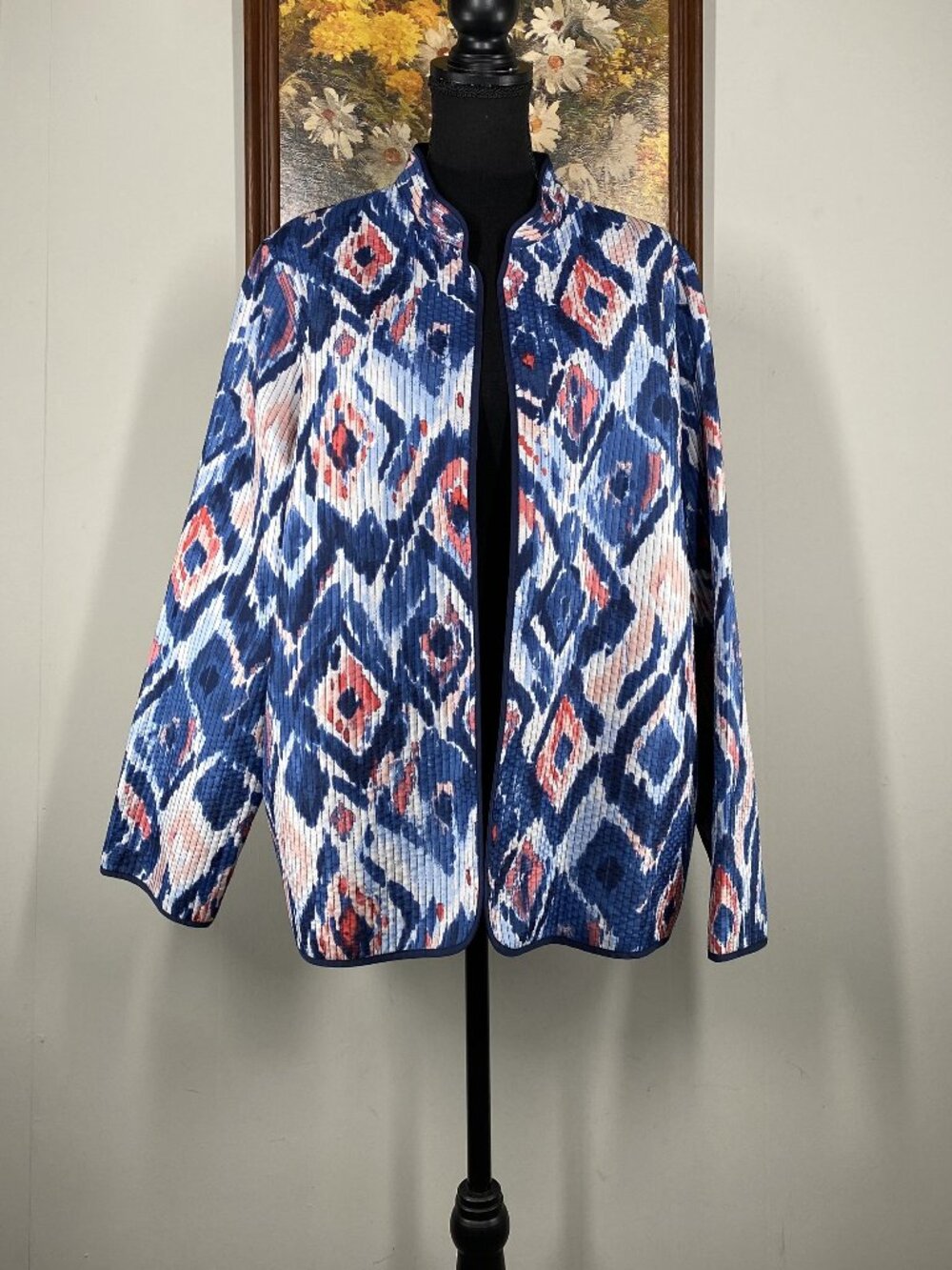 Alfred Dunner Open Front Pleated Jacket Women's 18 Multicolor Geometric Casual